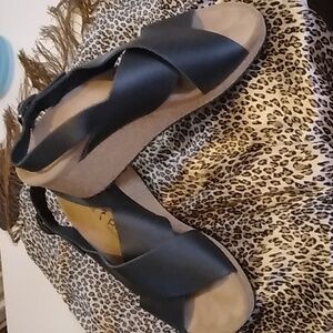 NWOT Papillio Black Leather Wedge "Samira" Sandals, Size 8, Brand New.